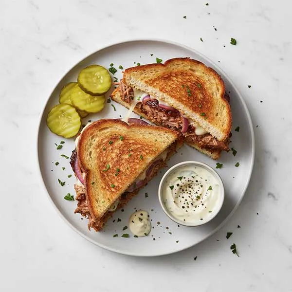 Grilled BBQ beef &onion melt sandwich with pickles and Black pepper mayo